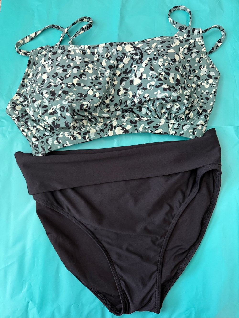 Women’s Two-Piece Swim Set - Green Leopard Print Top & Black Bottom